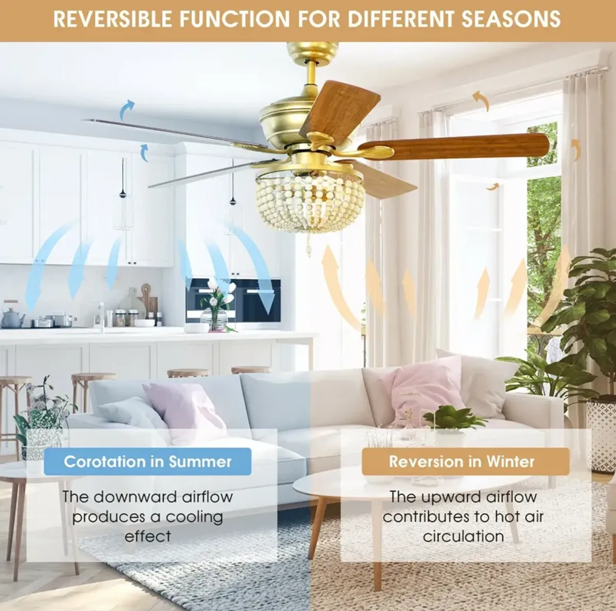 52 Inch Retro Ceiling Fan Light with Reversible Blades Remote Control