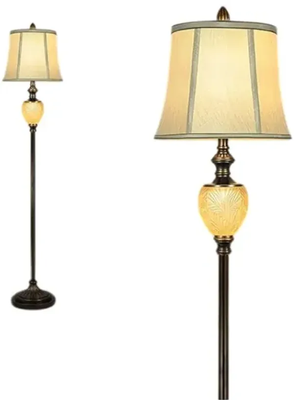 Vintage Floor Lamp – 64" Tall, Beige Faux Silk Shade, Nightlight, LED Included