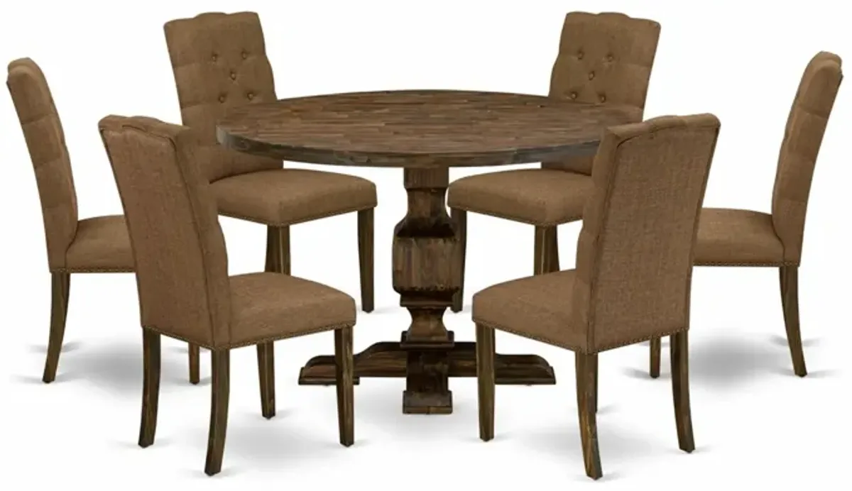 East West Furniture I3EL7-718 7Pc Dining Room Set - Round Table and 6 Parson Chairs - Distressed Jacobean Color