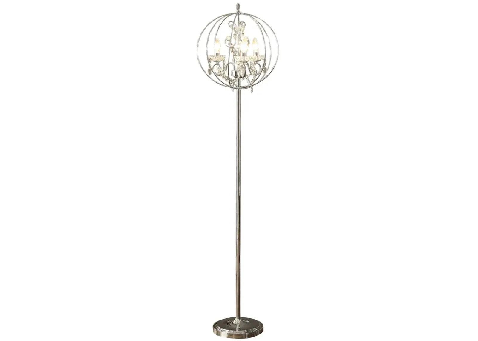 Shine 61 Inch Floor Lamp, Chandelier Style, Crystal and Metal, Chrome-Benzara