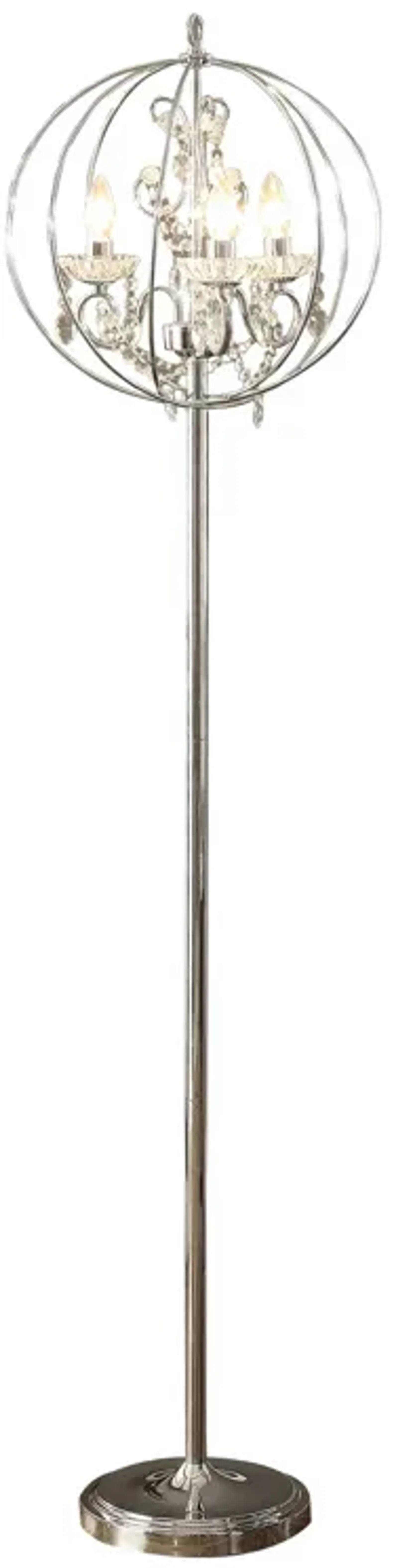 Shine 61 Inch Floor Lamp, Chandelier Style, Crystal and Metal, Chrome-Benzara