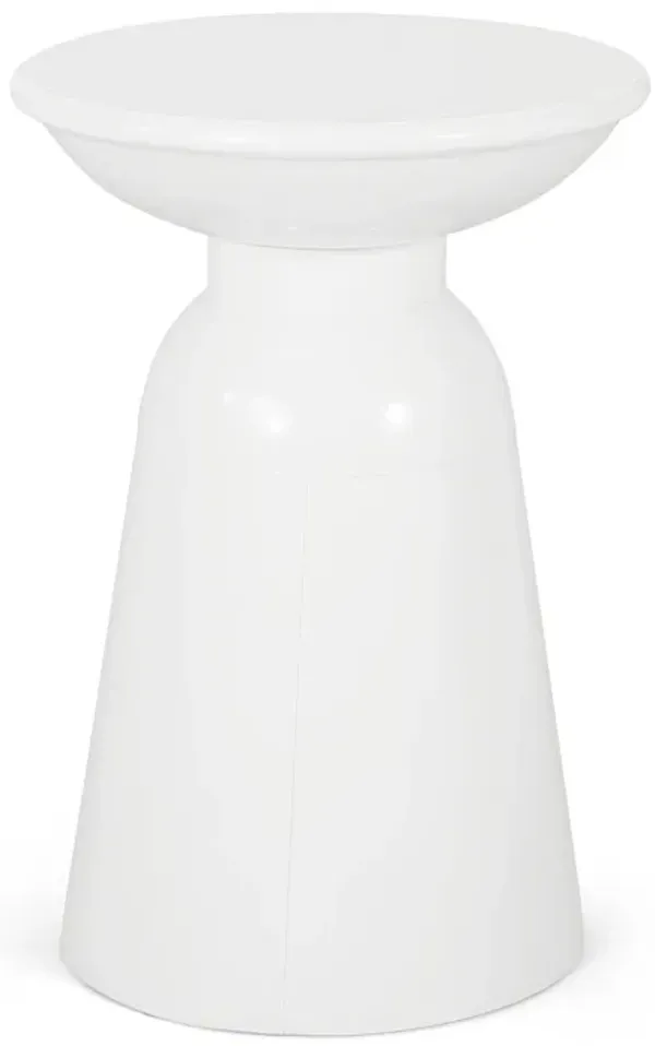 Suma Outdoor End Table, Round 15 Inch Top, Pedestal Base, White Iron - Benzara