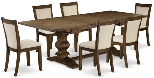 East West Furniture East West Furniture LAMZ7-N7-32 7-Pcs Kitchen Table Set - 1 Kitchen Table with Double Pedestal and 6 Light Beige Linen Fabric Dining Chairs with Stylish High Back - Distressed Jacobean Finish