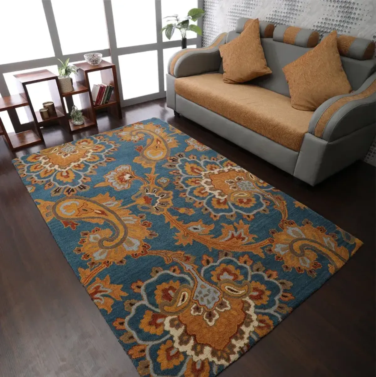 RUGSOTIC CARPETS HAND TUFTED WOOL ECO-FRIENDLY AREA RUGS  - 5'x8', Rectangle Shape, Blue, Floral Modern Design, High Pile Thick Handmade Anti Skid Area Rugs for Living Room, Bed Room (K00151)