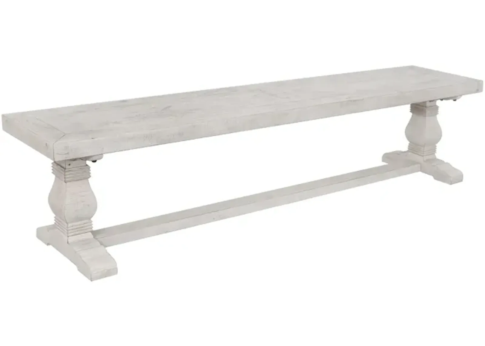 Kai 66 Inch Reclaimed Pine Dining Bench, Turned Pedestals, Antique White-Benzara