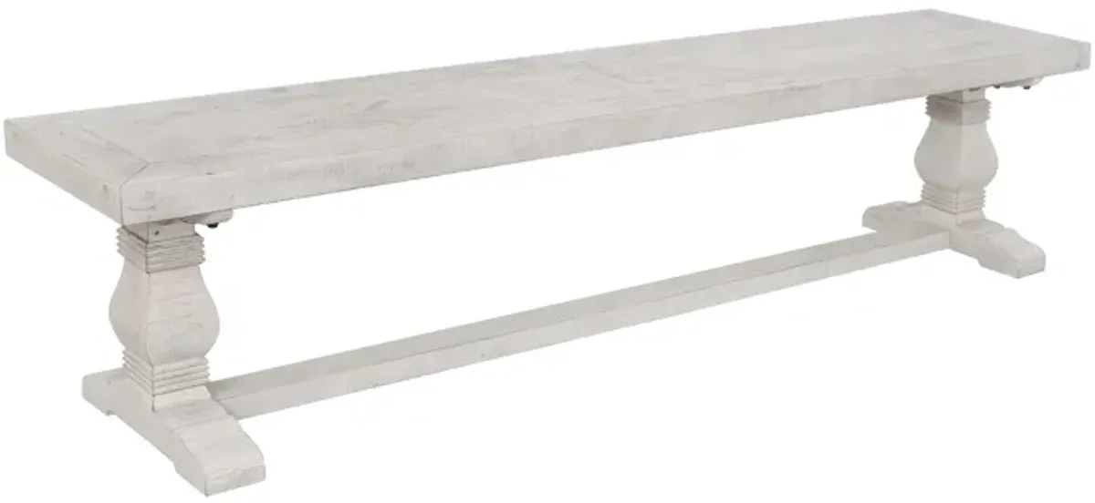 Kai 66 Inch Reclaimed Pine Dining Bench, Turned Pedestals, Antique White-Benzara