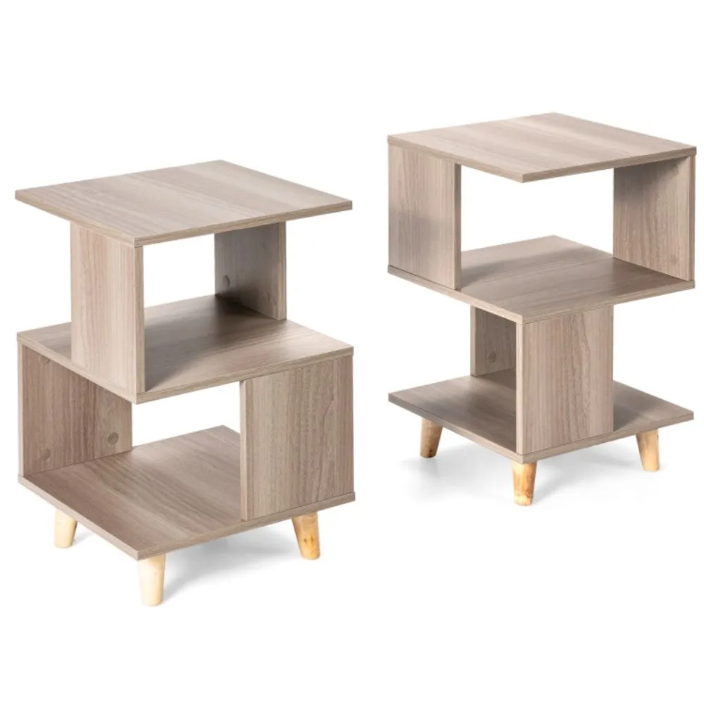 Hivago 2 Pieces Wooden Modern Nightstand Set with Solid Wood Legs for Living Room