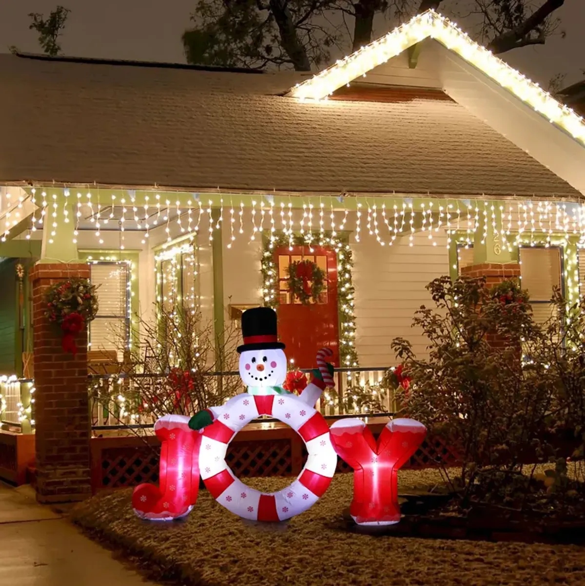 LuxenHome 6.5Ft Long Snowman Joy Inflatable with LED Lights