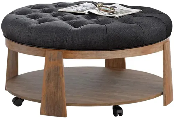 Gus 41 Inch Ottoman Coffee Table, Button Tufted Gray Fabric, Brown Wood - Benzara