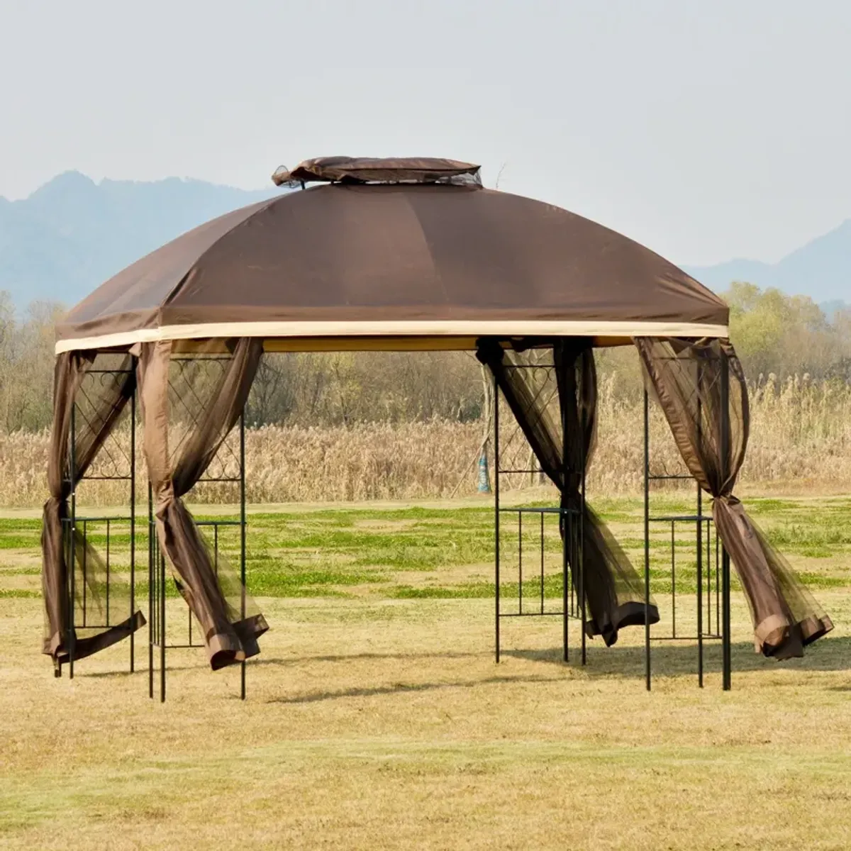 Brown Backyard Shelter: 10x10 Canopy Gazebo with Double Tier Roof