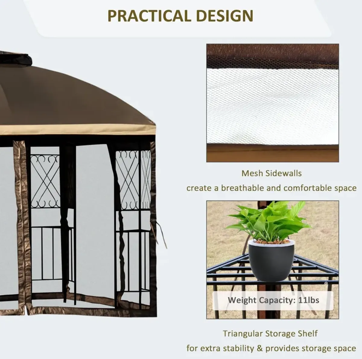 Brown Backyard Shelter: 10x10 Canopy Gazebo with Double Tier Roof