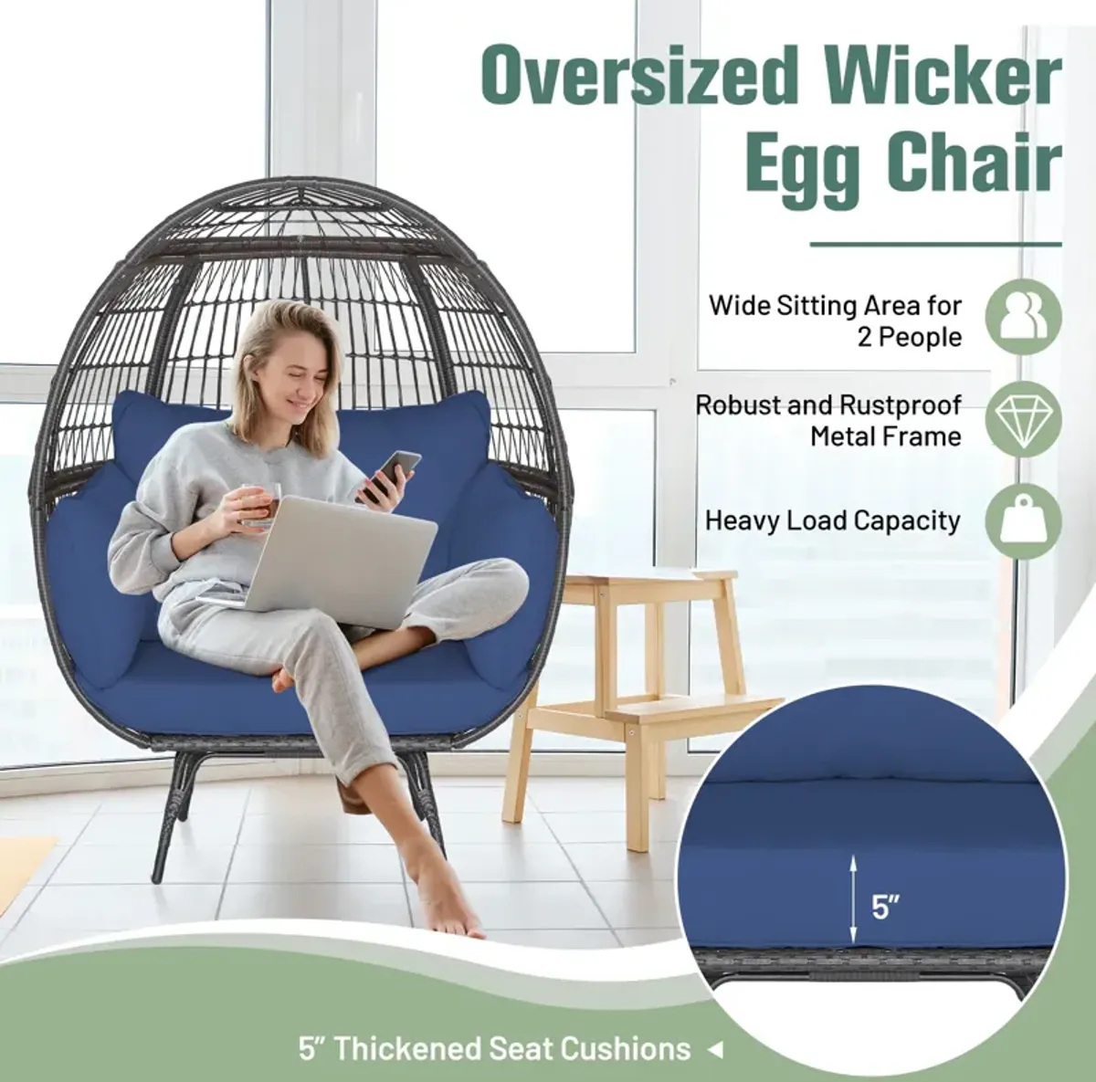 Oversized Patio Rattan Egg Lounge Chair with 4 Cushions