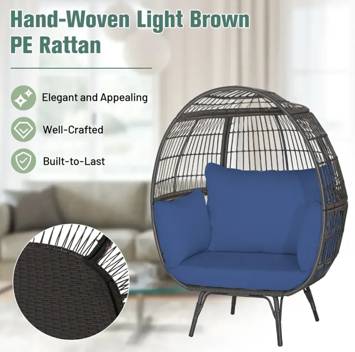 Oversized Patio Rattan Egg Lounge Chair with 4 Cushions