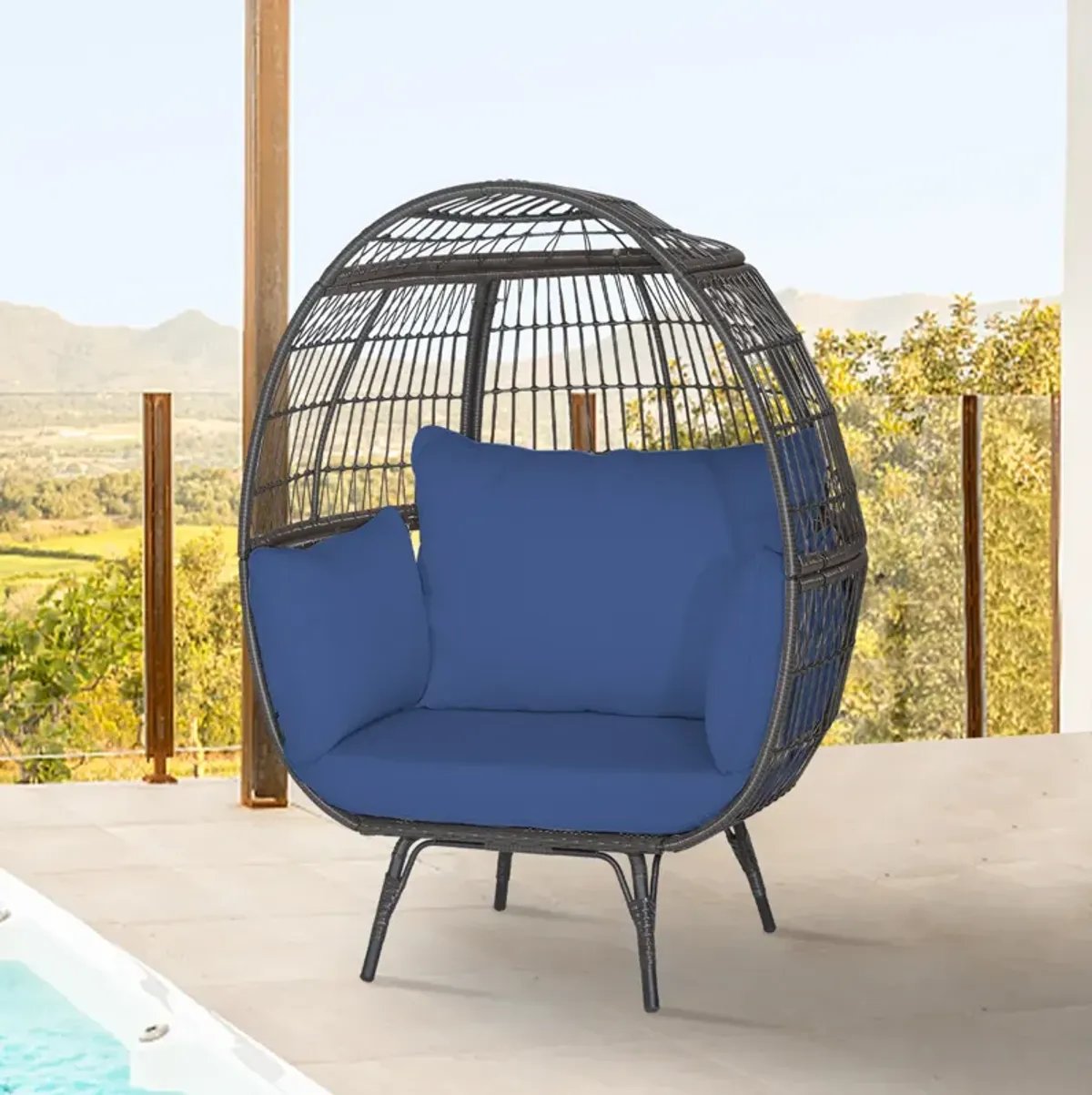 Oversized Patio Rattan Egg Lounge Chair with 4 Cushions