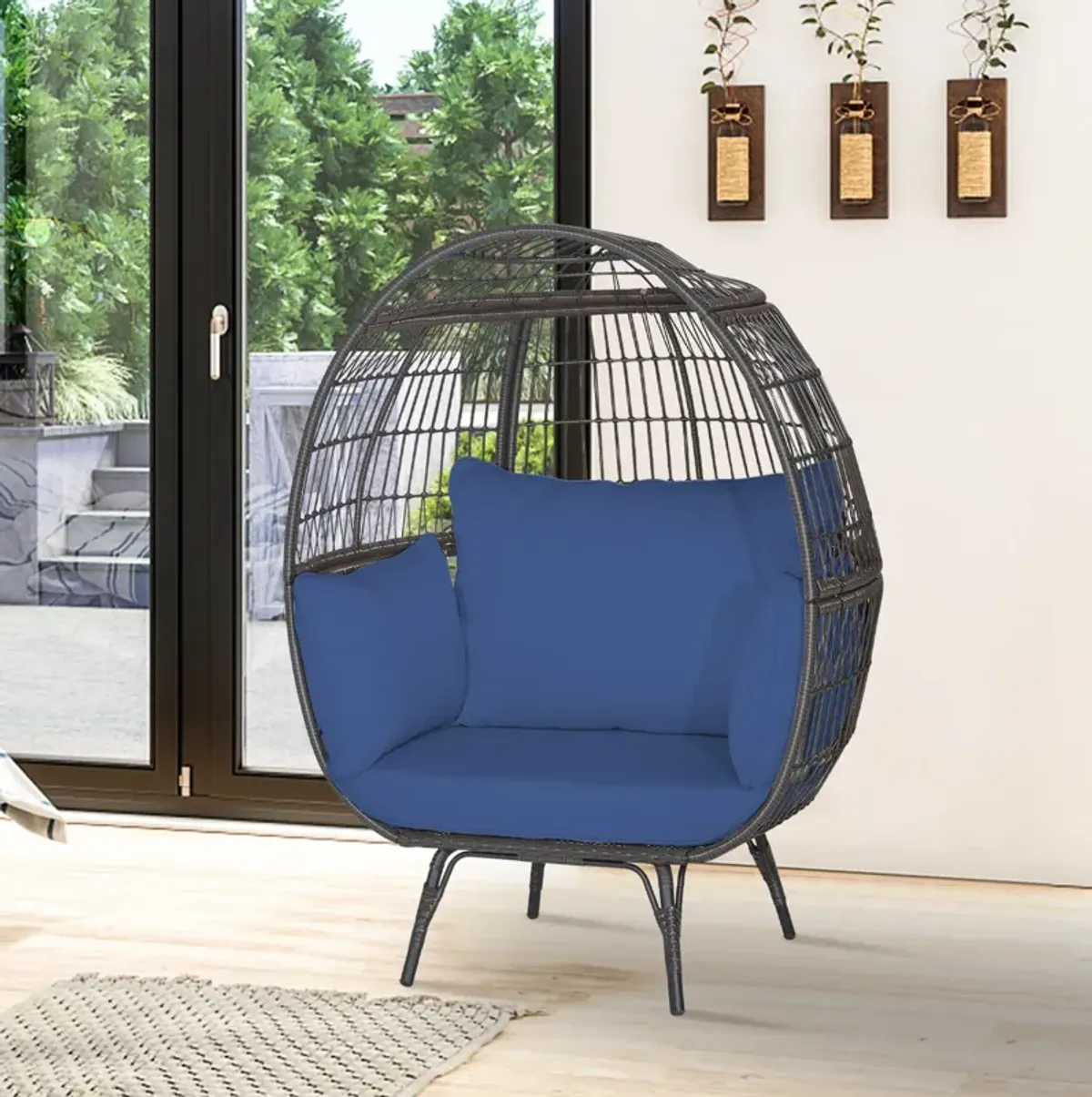 Oversized Patio Rattan Egg Lounge Chair with 4 Cushions