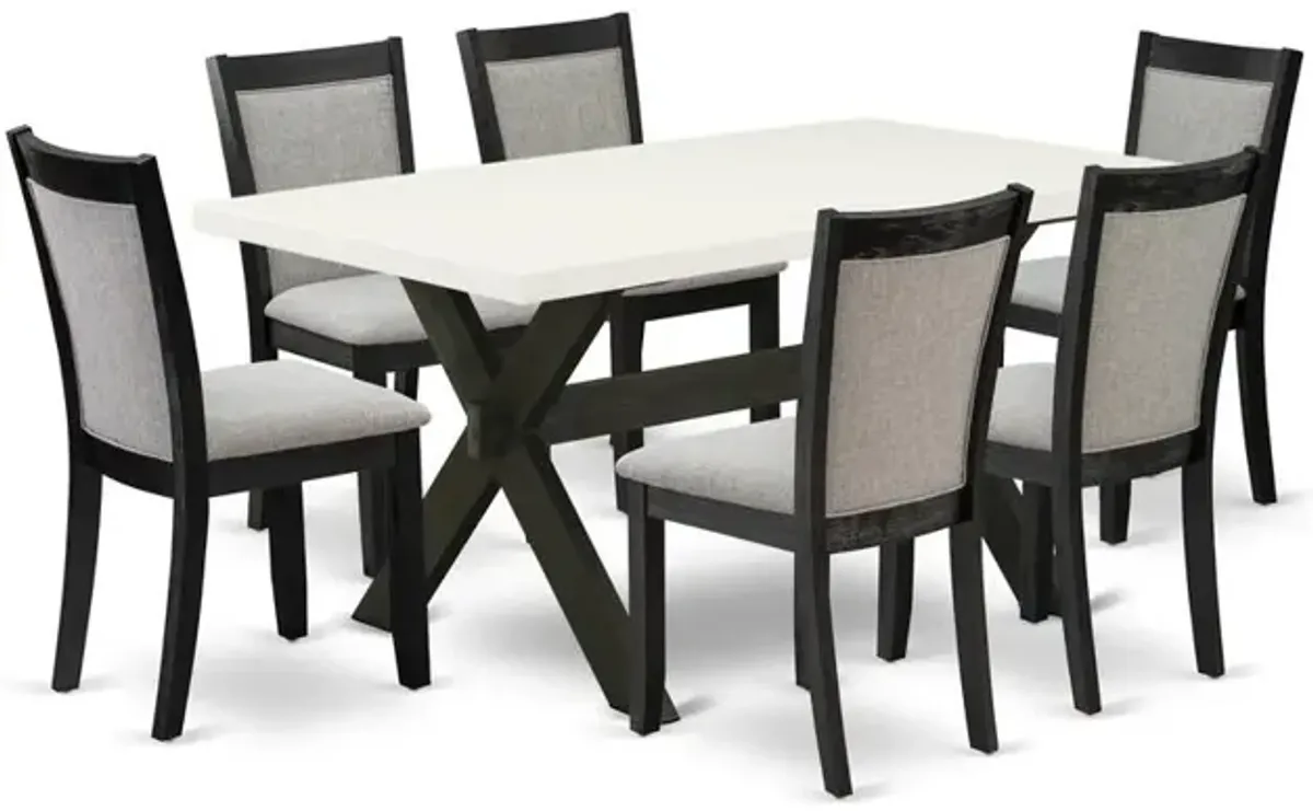 X626MZ606-7 7 Pc Dining Table Set - Linen White Wooden Dining Table with 6 Shitake Dinning Chairs - Wire Brushed Black Finish