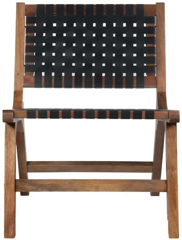 36 Inch Mango Wood Accent Chair, Woven Genuine Leather Seat, Walnut Brown, Black-Benzara