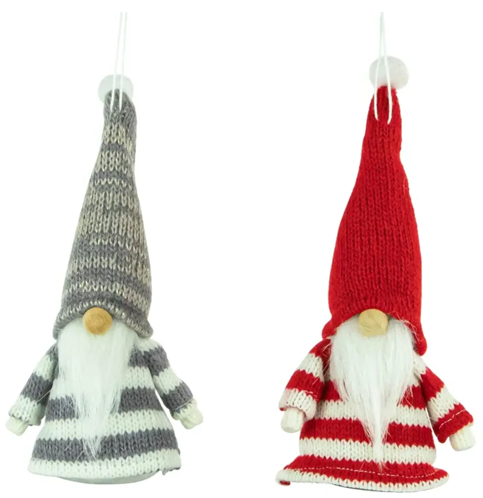 Set of 2 Red and Gray Striped Gnome Plush Christmas Ornaments 6.25"