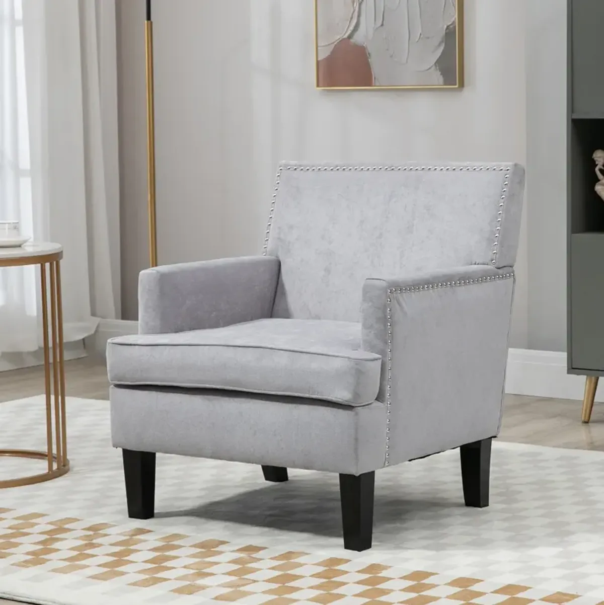 HOMCOM Modern Accent Chair, Upholstered Living Room Chair with Solid Wood Legs and Nailhead Trim, Armchair for Living Room, Bedroom, Home Office, Light Gray