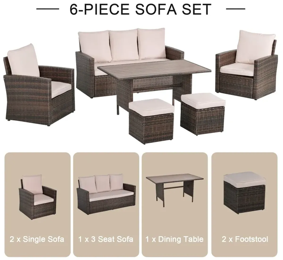 Beige Outdoor Dining: 6-Piece Rattan Wicker Set with Cushions