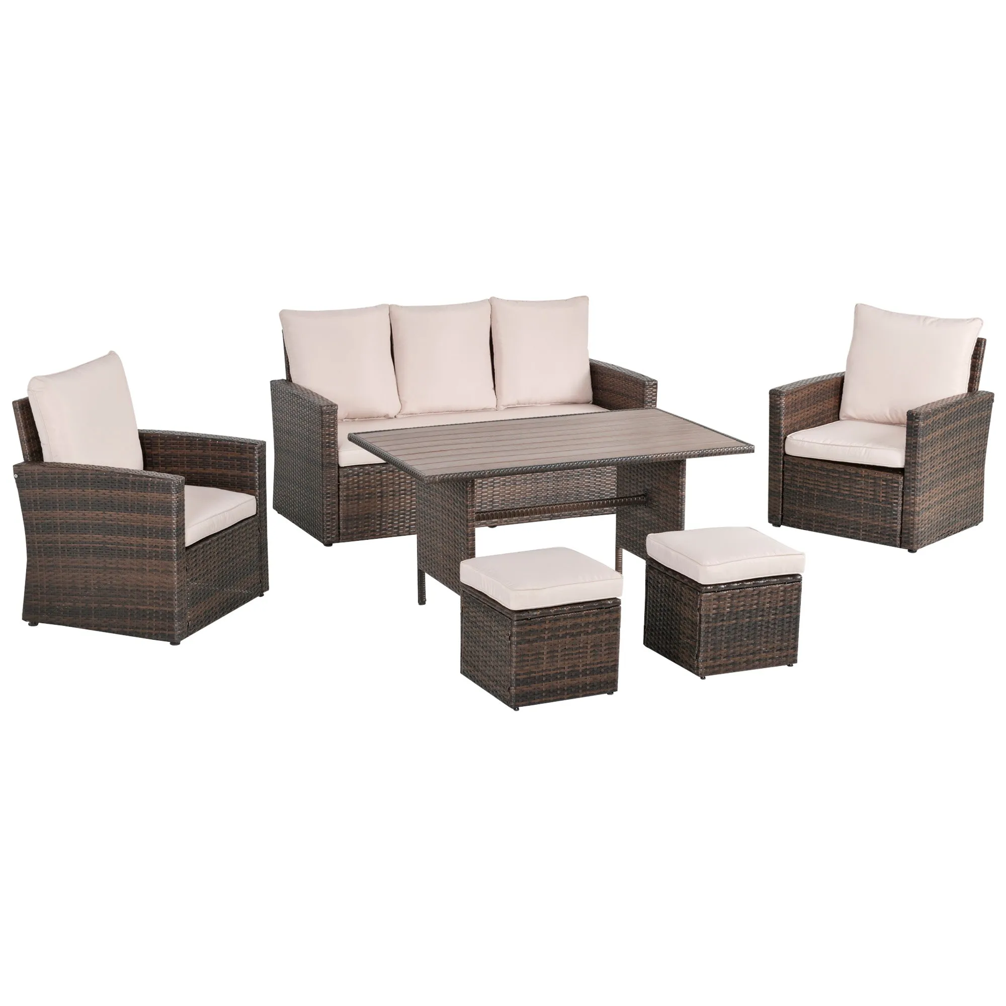 Patio Dining Set 6 PCS All Weather Rattan Wicker Furniture Set Wood Grain Top Table Soft Cushions Beige