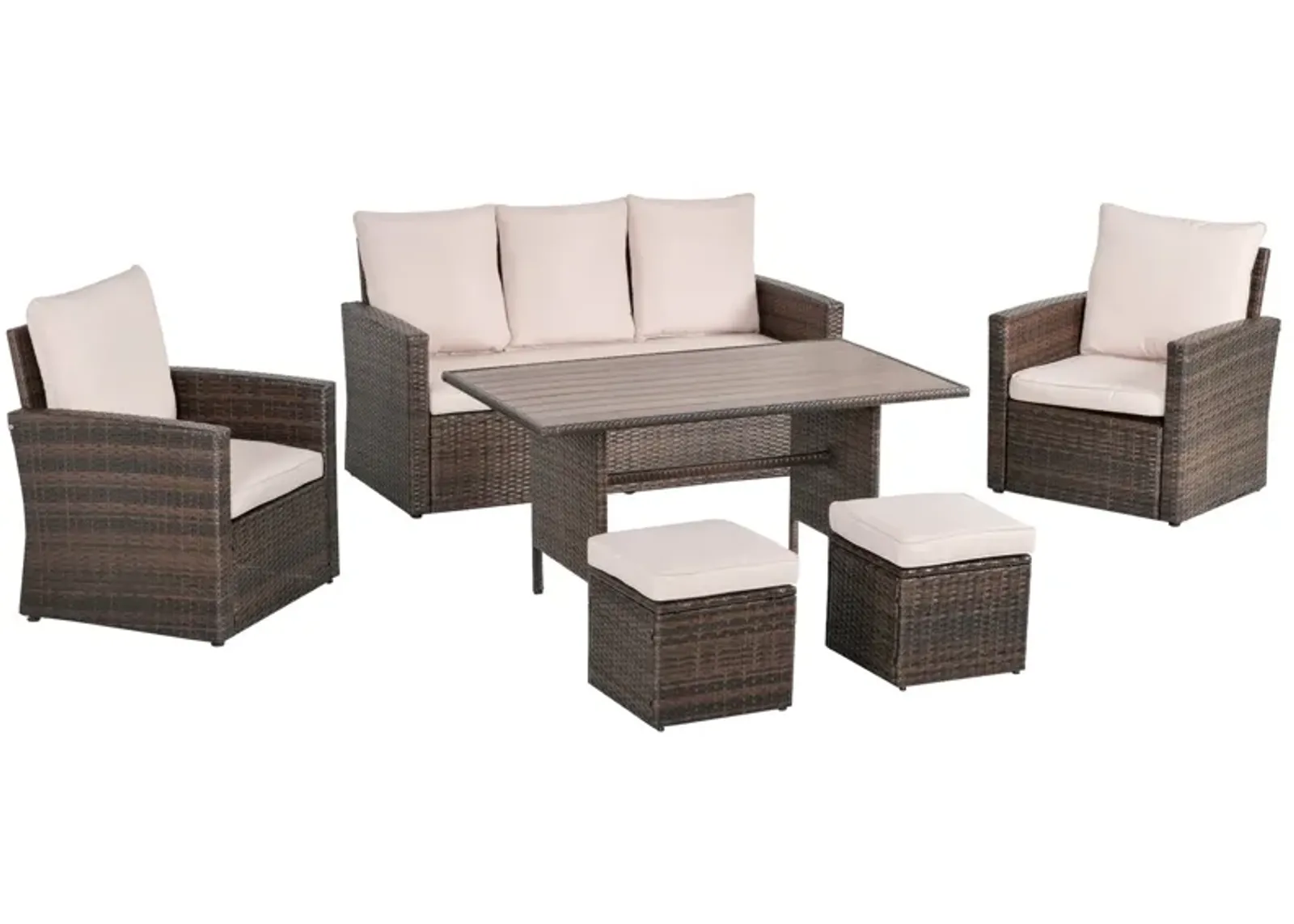 Beige Outdoor Dining: 6-Piece Rattan Wicker Set with Cushions