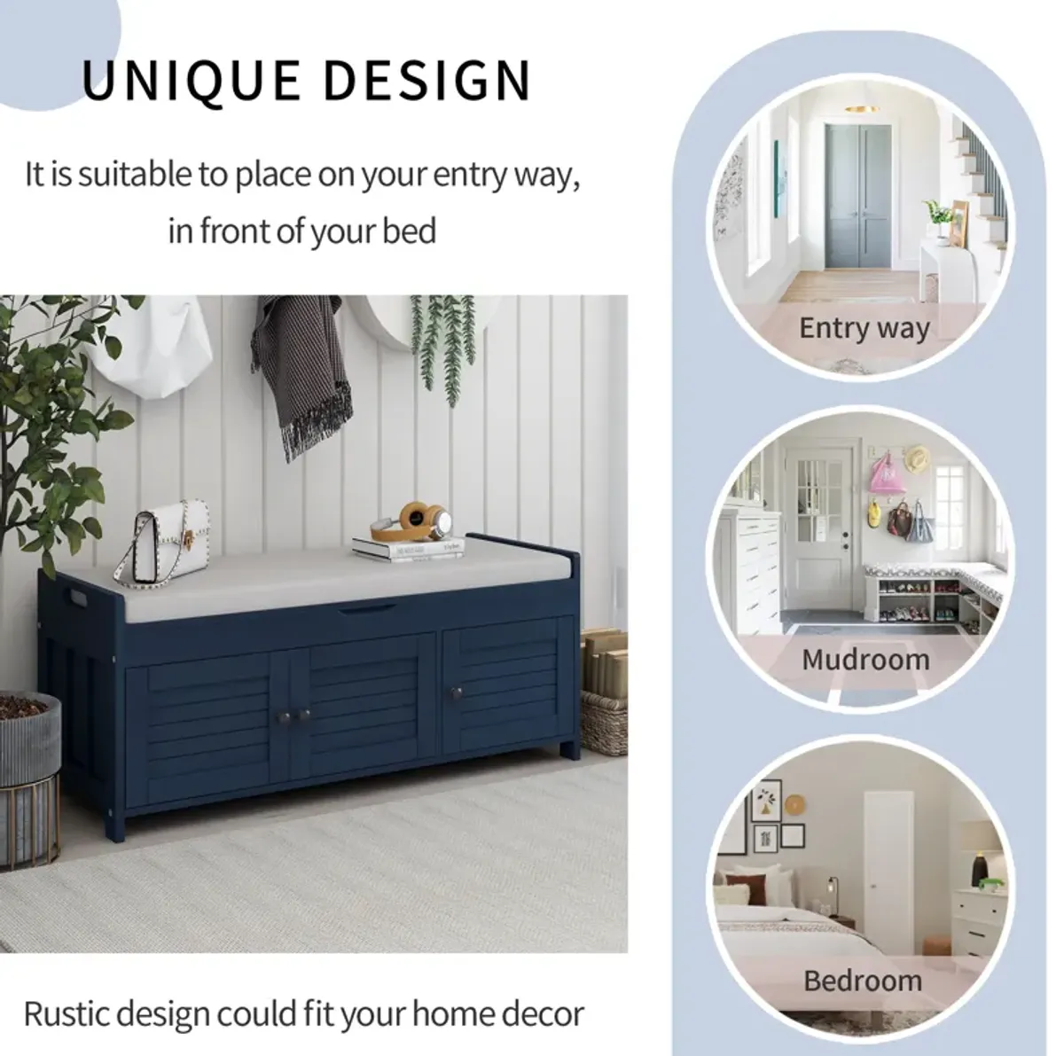 Storage Bench with 3 Shutter Doors and Removable Cushion for Entryway