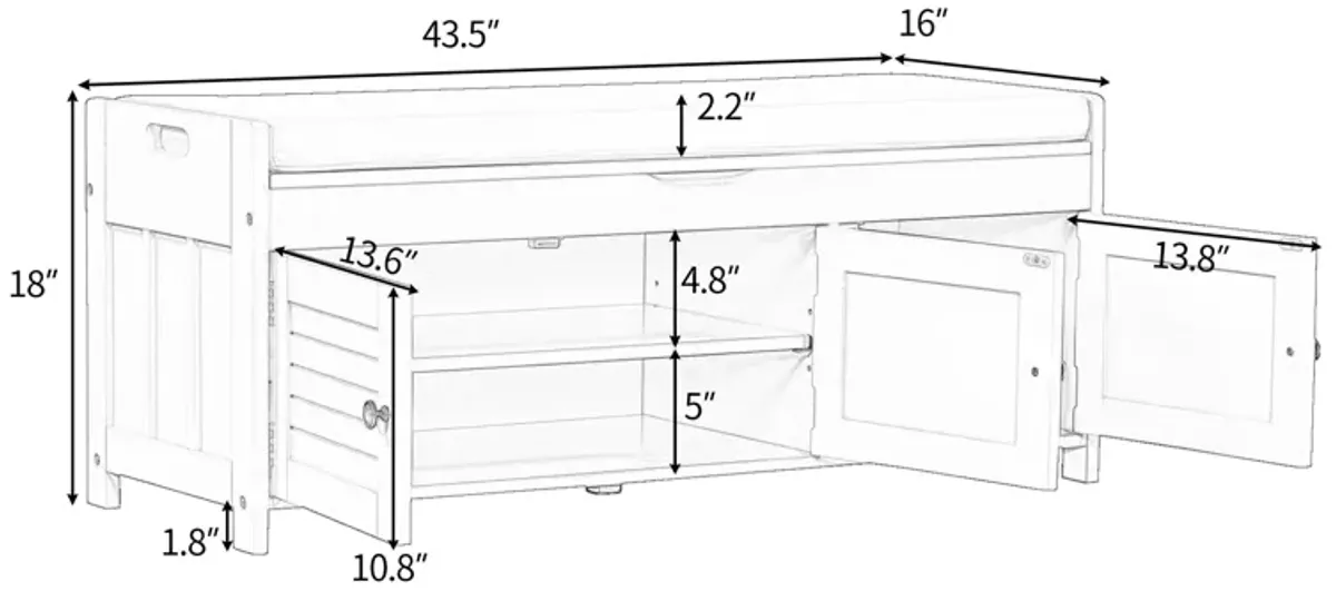 Storage Bench with 3 Shutter Doors and Removable Cushion for Entryway
