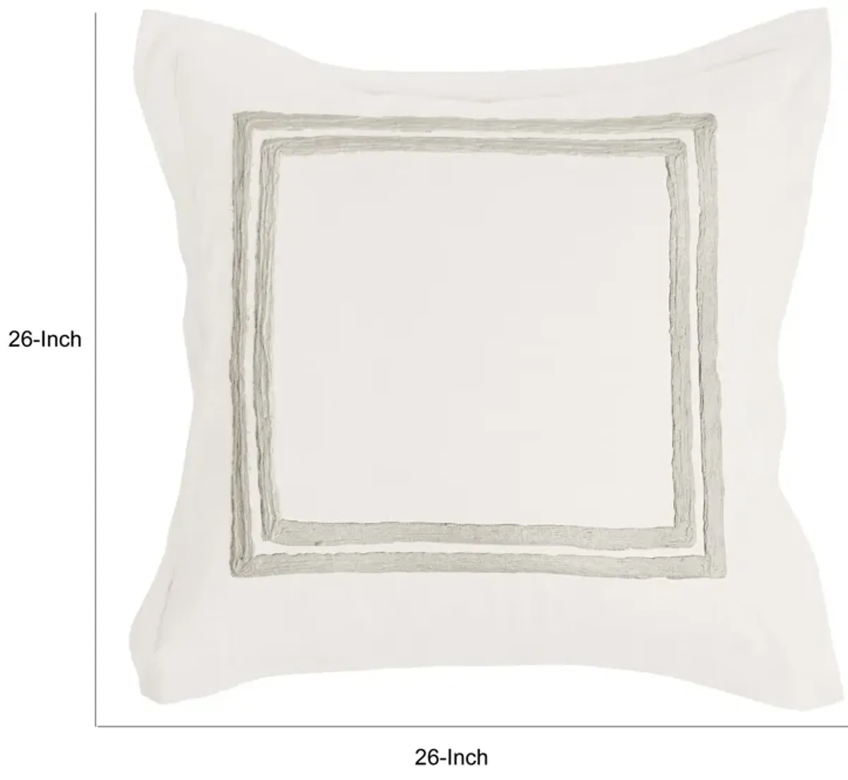 Lenz 26 Inch Cotton Euro Pillow Sham with Hand Stitched Embroidery, Ivory-Benzara