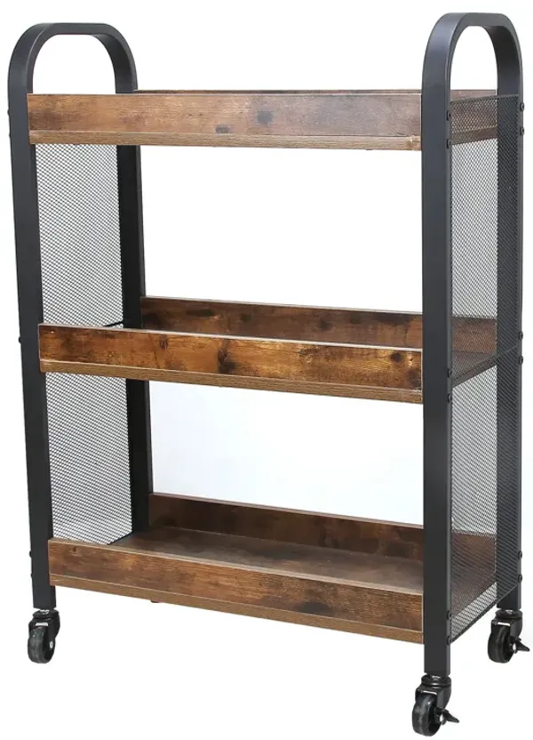 3 Tier Wood and Metal Kitchen Cart with Mesh Side Panel, Brown and Black-Benzara