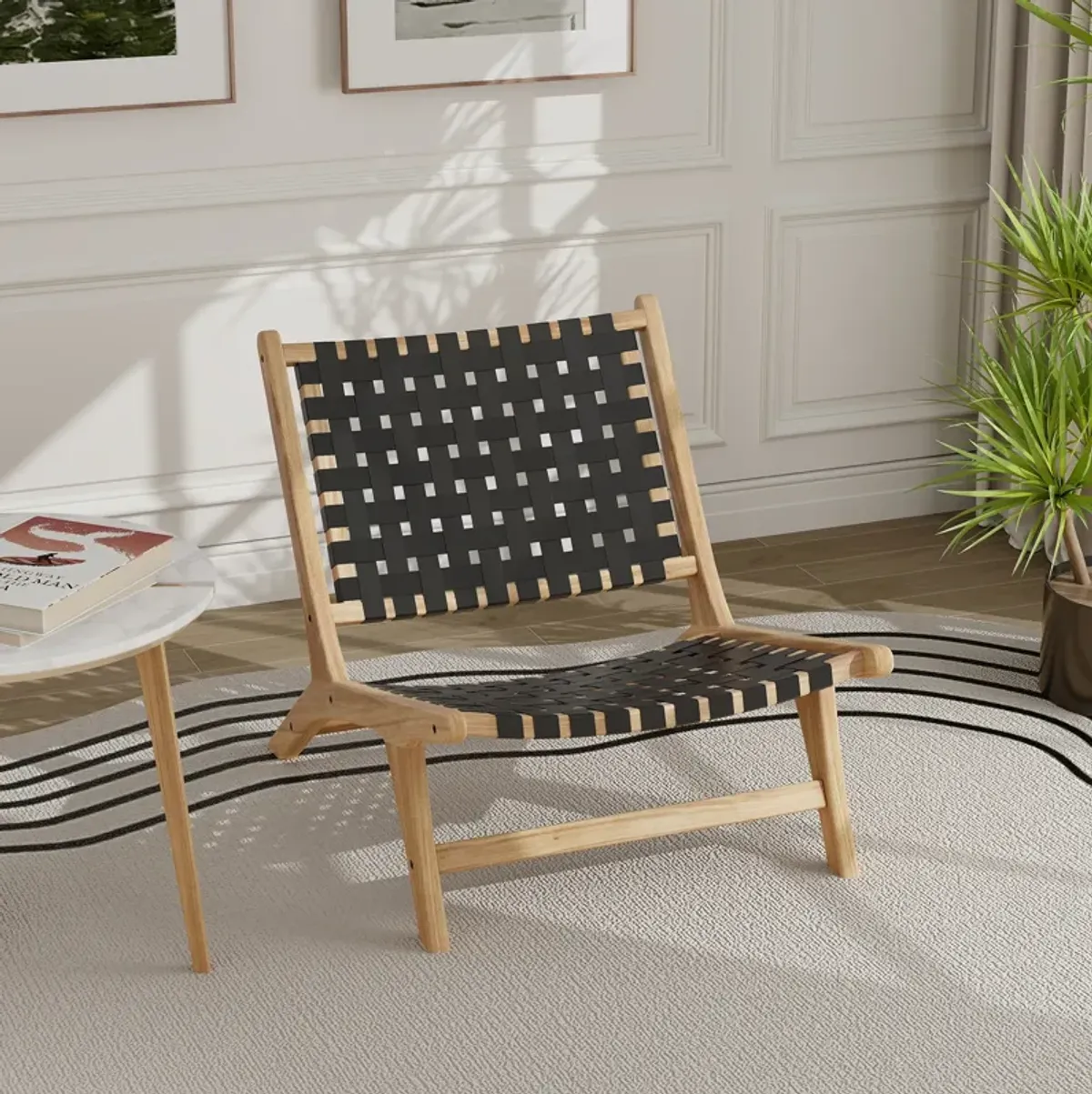 Modern Armless Teak Wood Lounge Chair with Nylon Woven Backrest and Seat