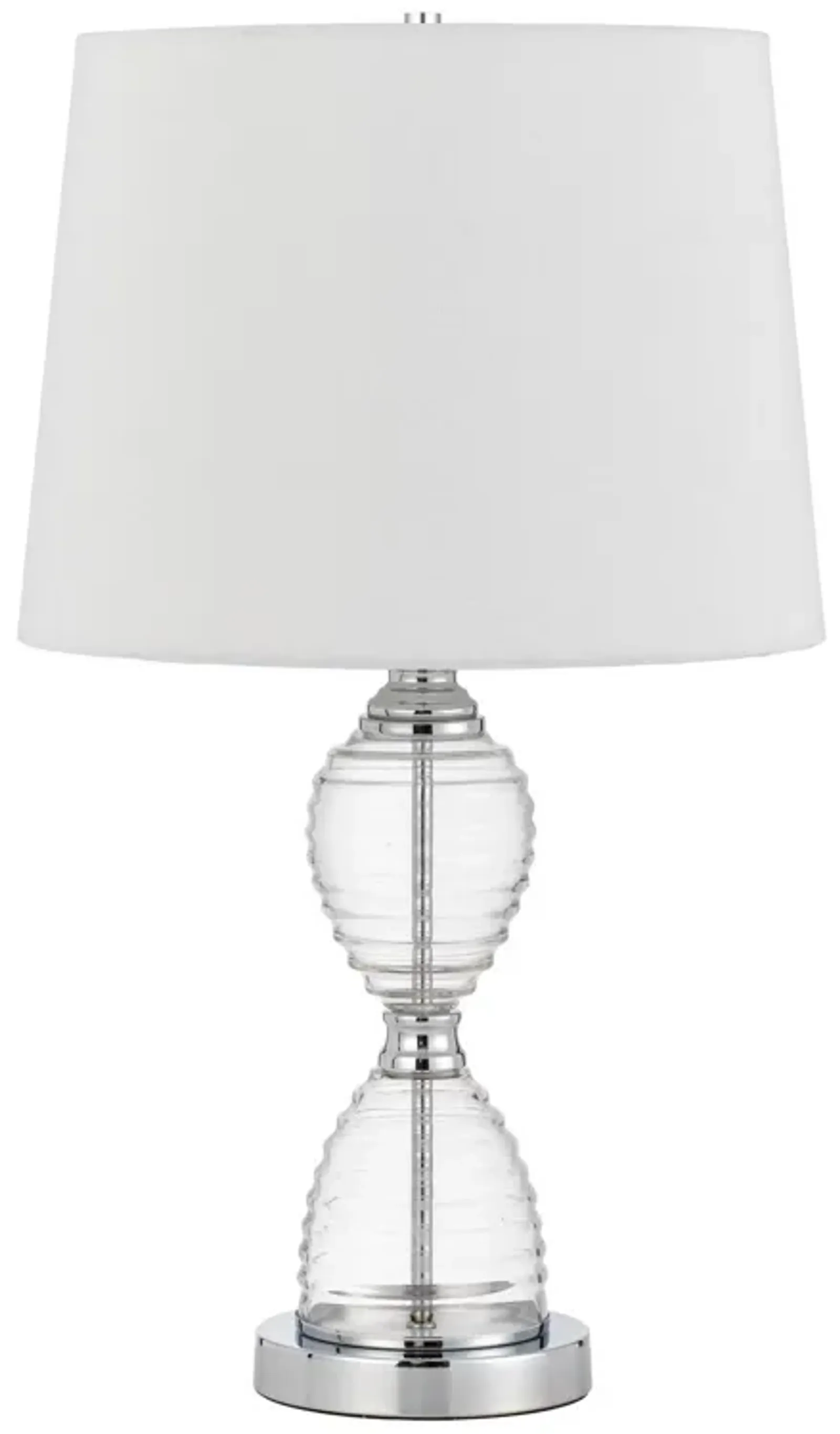 23 Inch Hourglass Ribbed Glass Base Table Lamp, Dimmer, Clear-Benzara