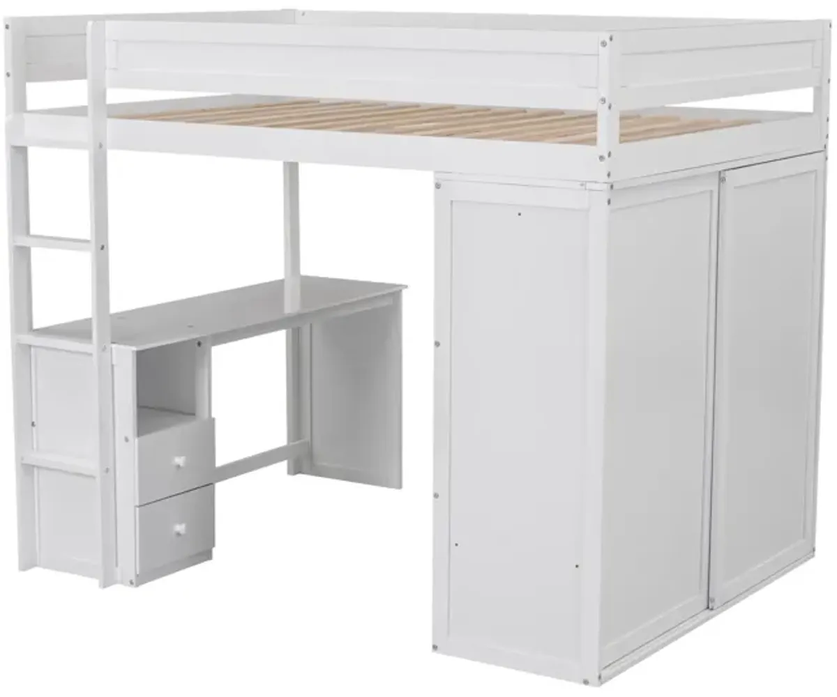 Whisen Wood Full Size Loft Bed with Wardrobes and 2-Drawer Desk with Cabinet - Gray