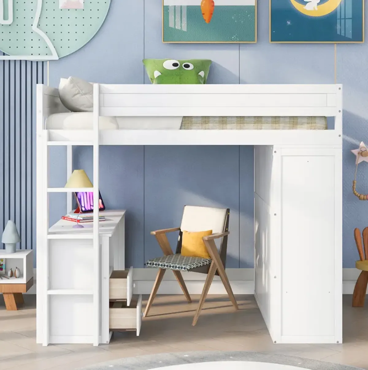 Whisen Wood Full Size Loft Bed with Wardrobes and 2-Drawer Desk with Cabinet - Gray