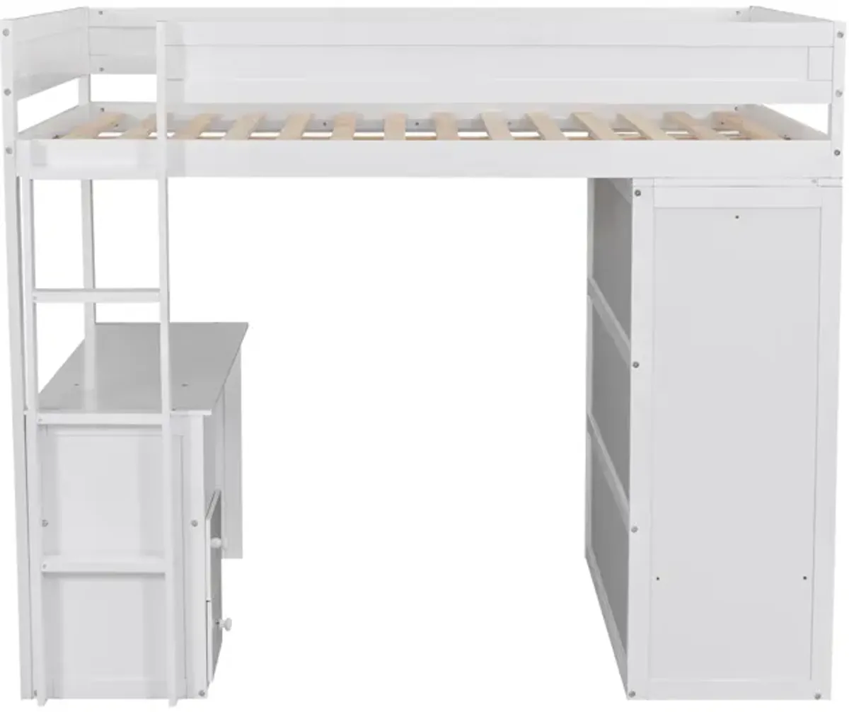 Whisen Wood Full Size Loft Bed with Wardrobes and 2-Drawer Desk with Cabinet - Gray