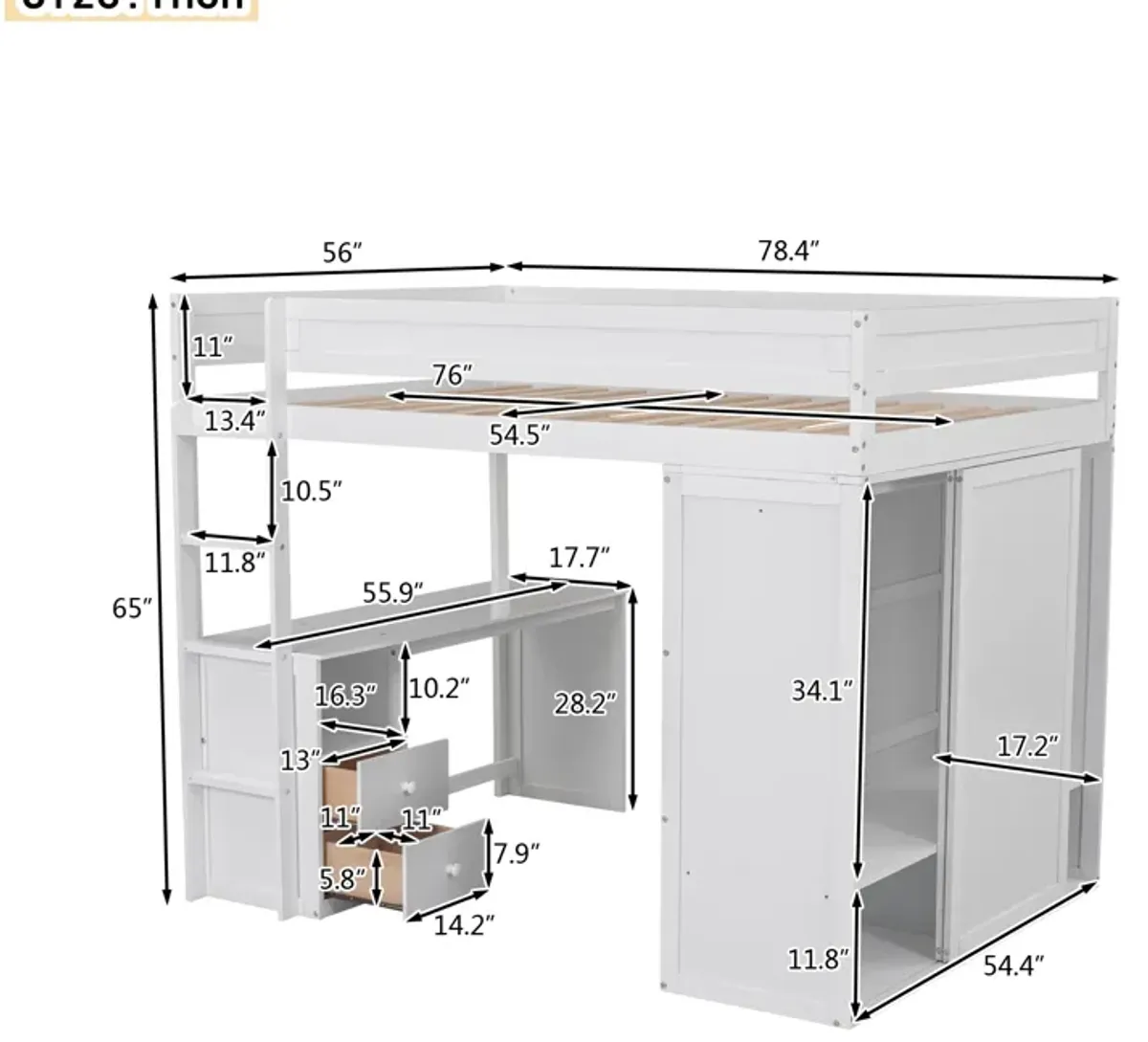 Whisen Wood Full Size Loft Bed with Wardrobes and 2-Drawer Desk with Cabinet - Gray