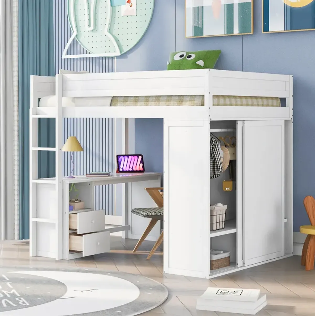 Whisen Wood Full Size Loft Bed with Wardrobes and 2-Drawer Desk with Cabinet - Gray