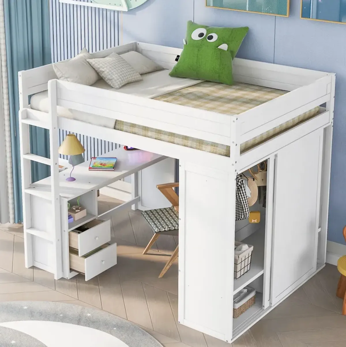 Whisen Wood Full Size Loft Bed with Wardrobes and 2-Drawer Desk with Cabinet - Gray