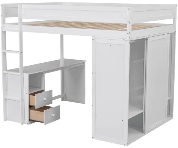 Whisen Wood Full Size Loft Bed with Wardrobes and 2-Drawer Desk with Cabinet - Gray