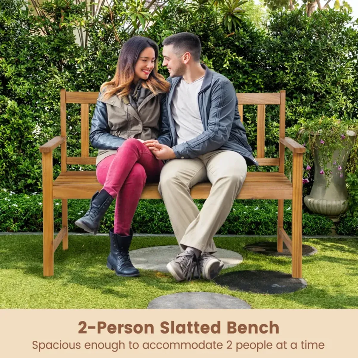 2-Person Outdoor Acacia Wood Bench with Backrest