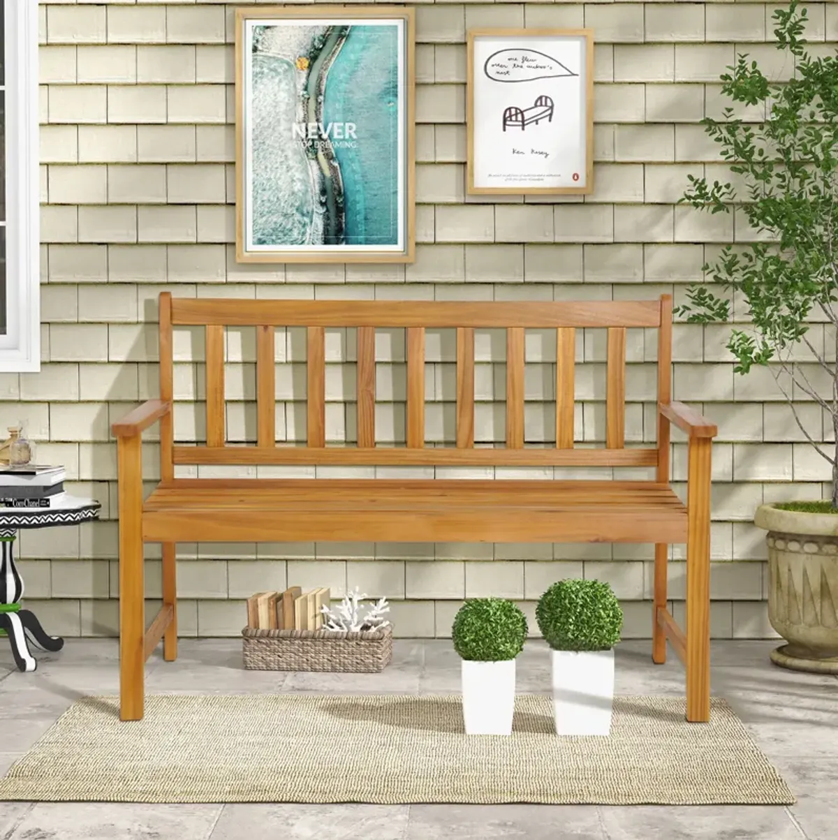 2-Person Outdoor Acacia Wood Bench with Backrest