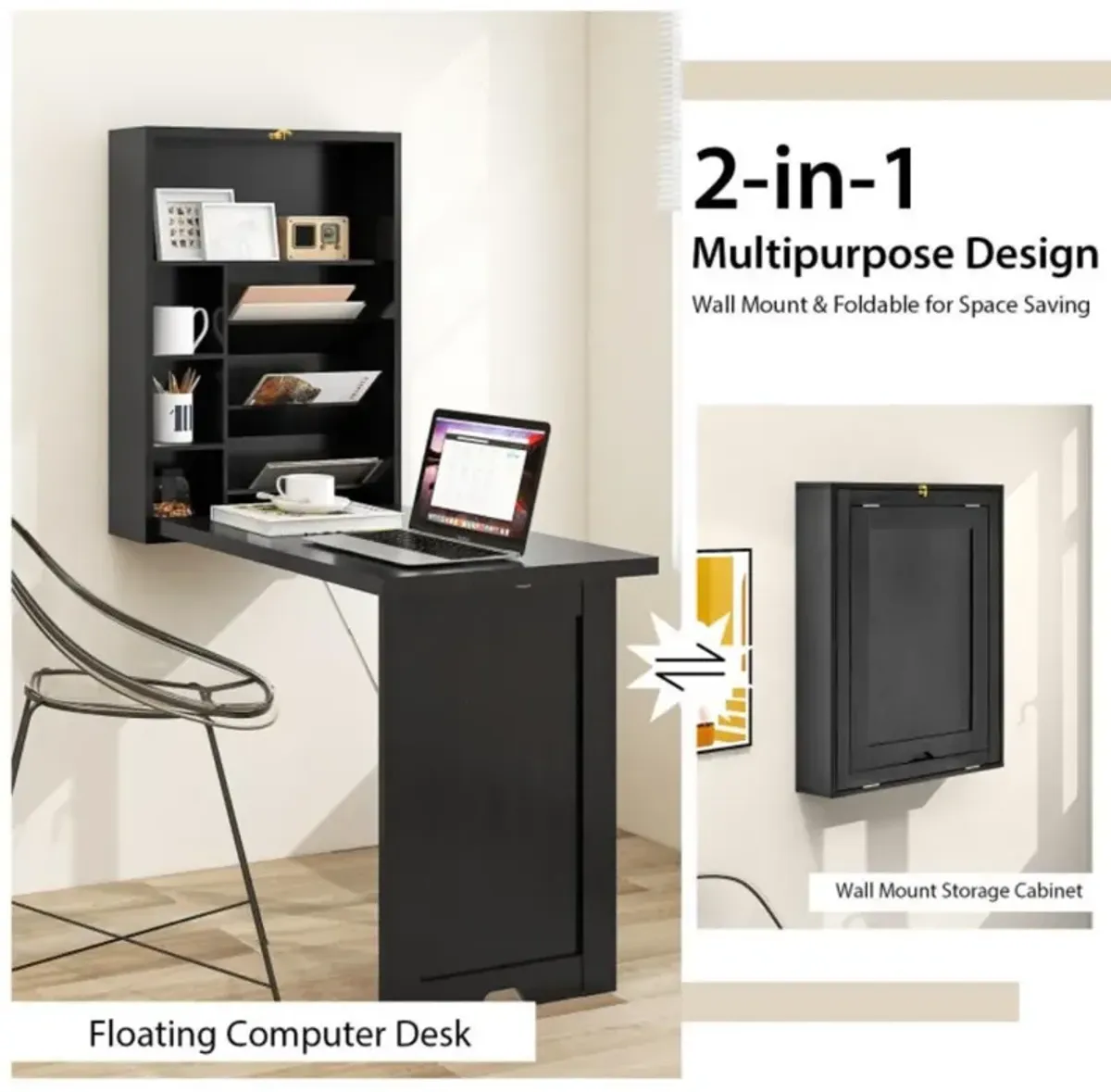 Wall-Mounted Fold-Out Convertible Floating Desk Space Saver