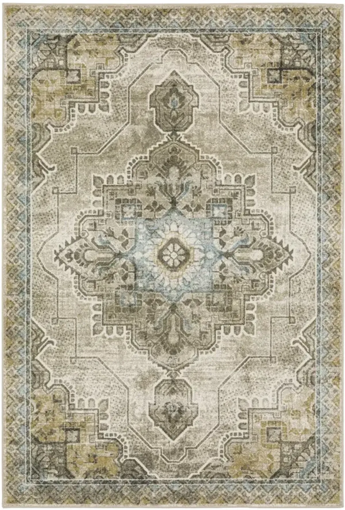 4 X 6 grey Blue Beige And gold Oriental Power Loom Stain Resistant Area Rug