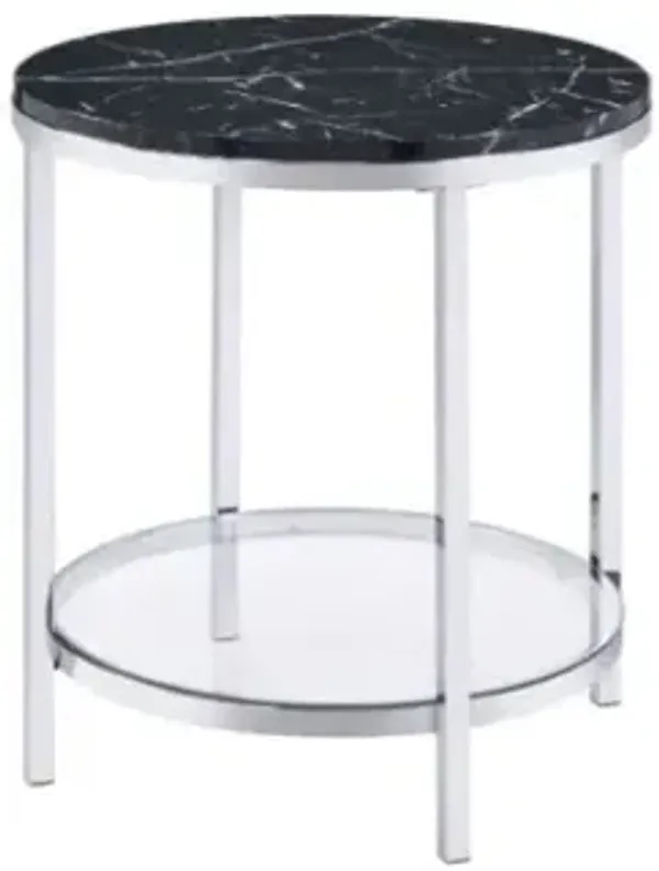 Hivvago 25" Chrome And Black Faux Marble And Metal Round End Table With Shelf