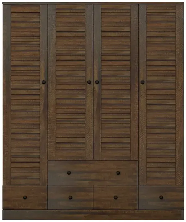 FUFU&GAGA Brown Woodgrain PB Board Wardrobe with 4 Shutter Doors & 5 Drawers, Black Wooden Handles, Modern Storage Cabinet (59.1 in. W x 19.1 in. D x 70.5 in. H)
