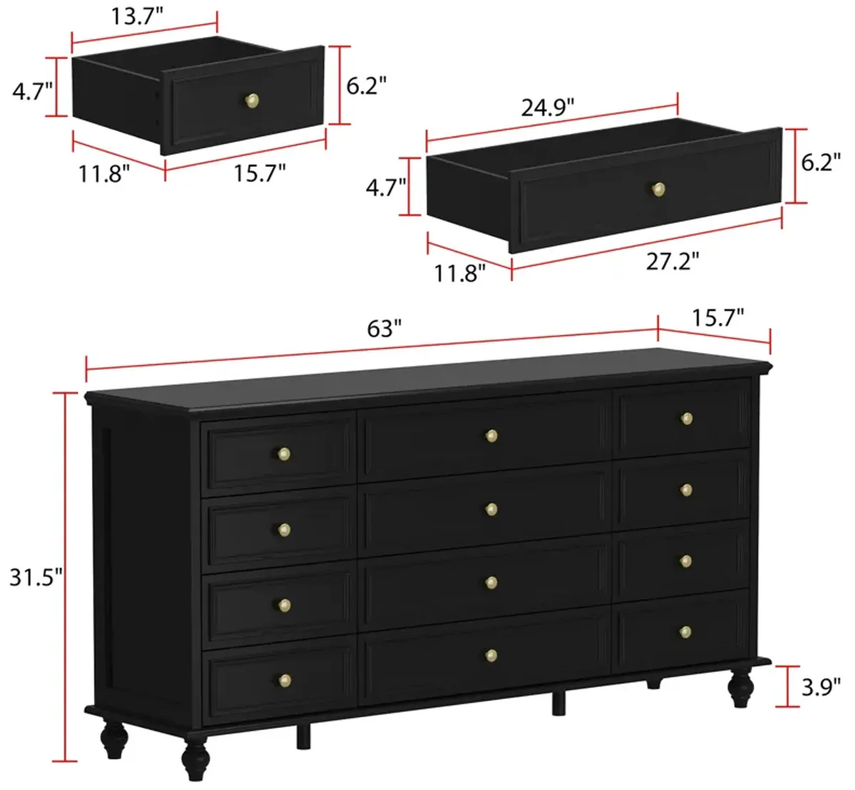 Black Wooden 12-Drawer Chest of Drawers 63 in. W x 31.5 in. H x 15.7 in. D Dresser, Modern European Style