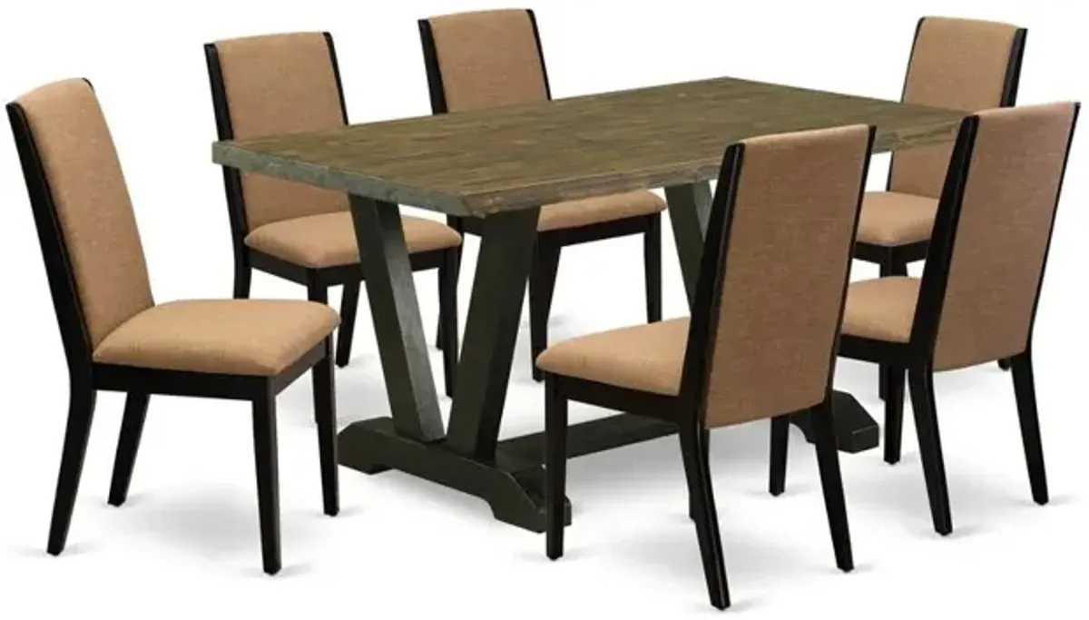 East West Furniture V676LA147-7 7-Piece Stylish a Superb Distressed Jacobean Dining Table Top and 6 Gorgeous Linen Fabric Dining Chairs with Stylish Chair Back, Wire Brushed Black Finish