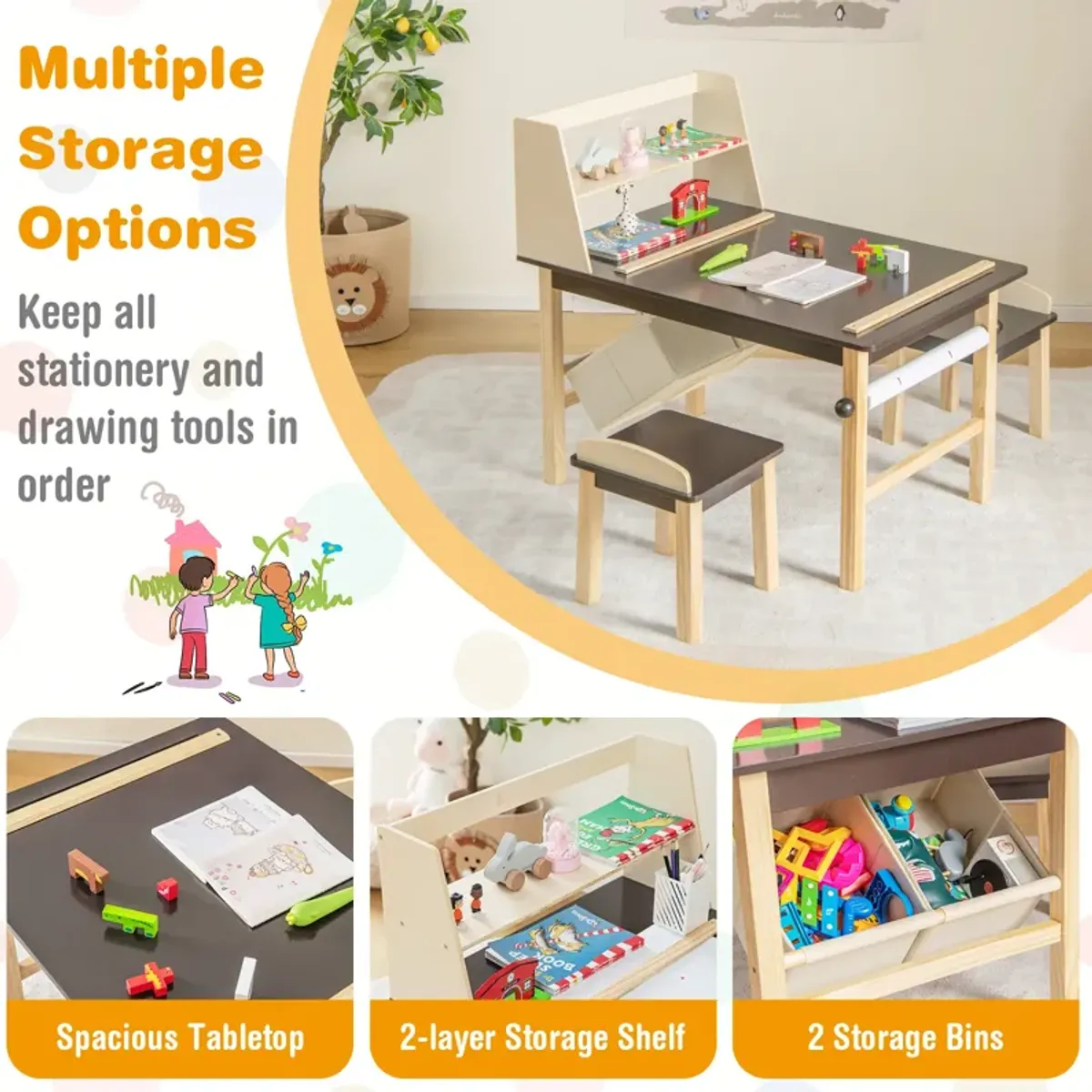 Kids Art Table and Chairs Set with Paper Roll and Storage Bins-Coffee