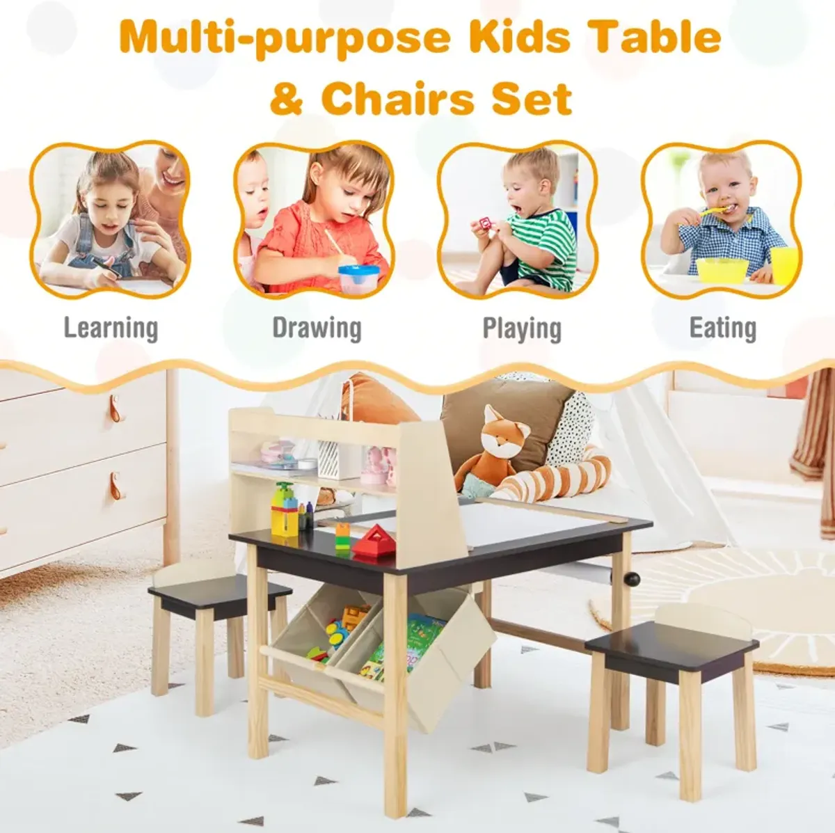 Kids Art Table and Chairs Set with Paper Roll and Storage Bins-Coffee