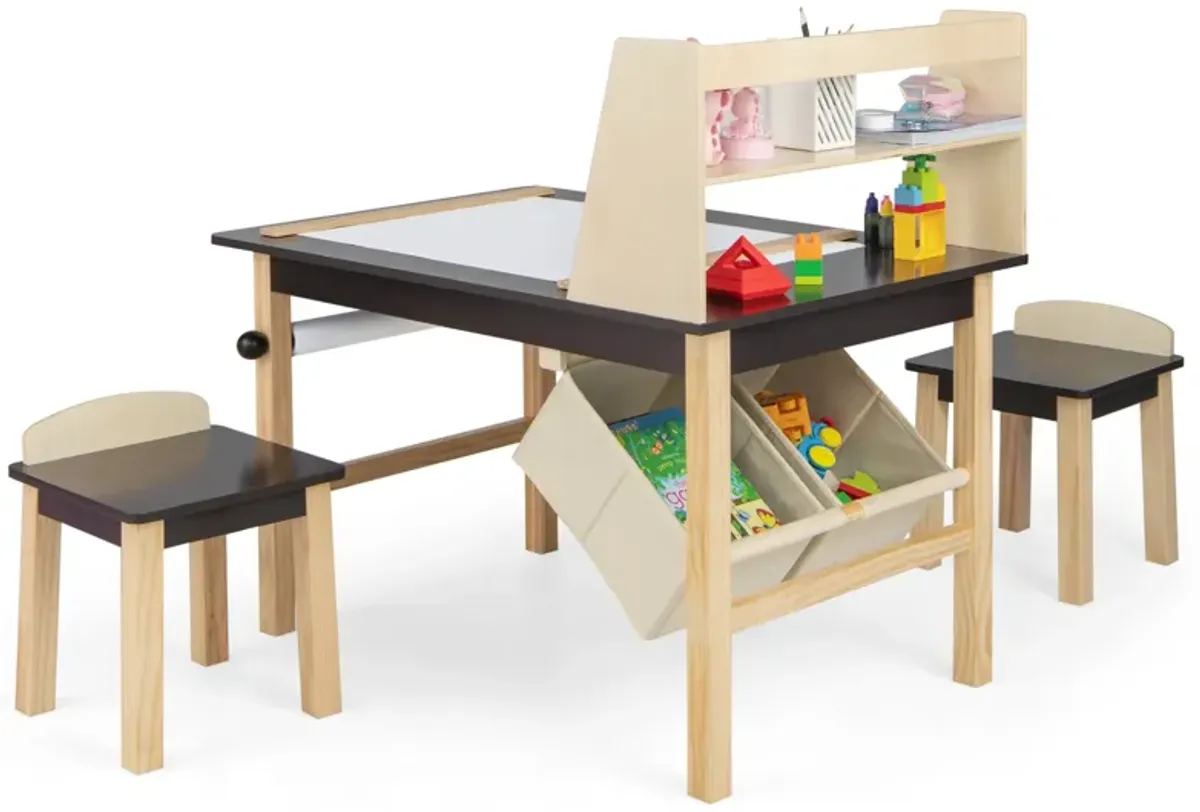 Kids Art Table and Chairs Set with Paper Roll and Storage Bins-Coffee